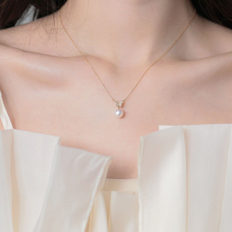 petit amie あこや真珠 蝶 ペンダント　7.5-8.0mm K18YG