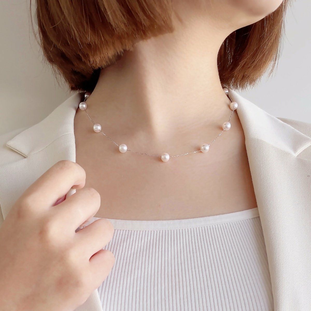 あこや真珠 ステーションネックレス 6.5-7.0mm K18WG | あこや真珠