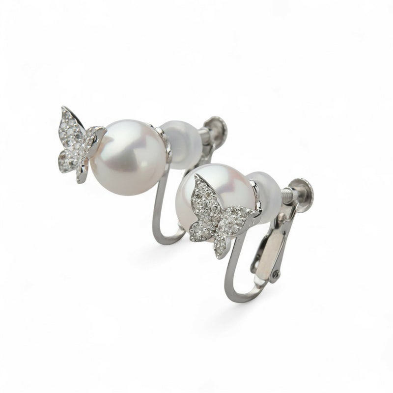 petit amie あこや真珠 蝶 イヤリング　7.5-8.0mm K18WG