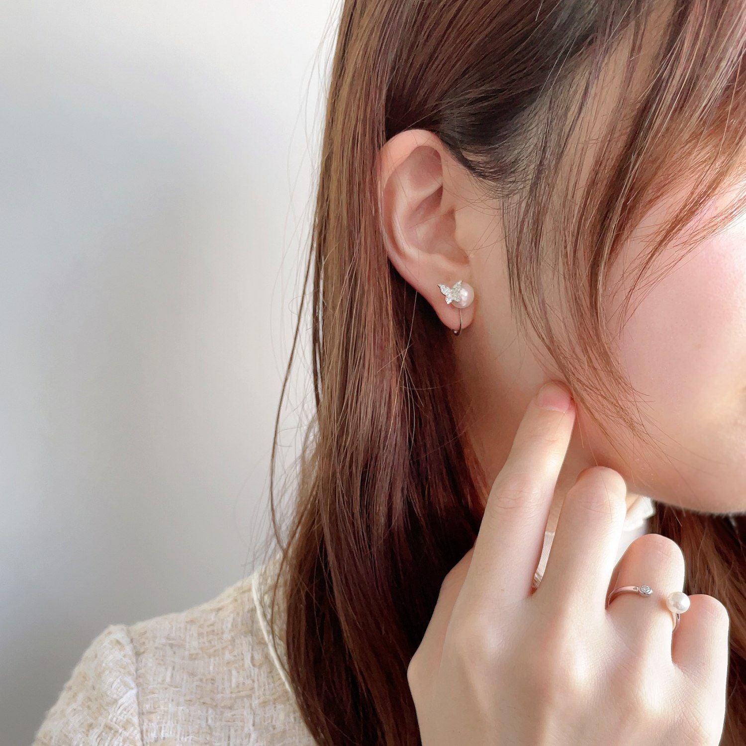 petit amie あこや真珠 蝶 イヤリング 7.5-8.0mm K18WG | WSP（ダブル