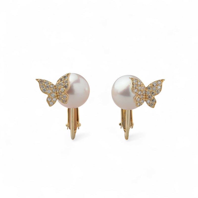 petit amie あこや真珠 蝶 イヤリング　7.5-8.0mm K18YG