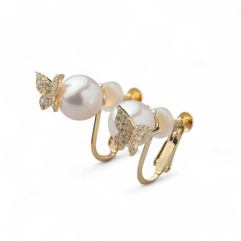 petit amie あこや真珠 蝶 イヤリング　7.5-8.0mm K18YG