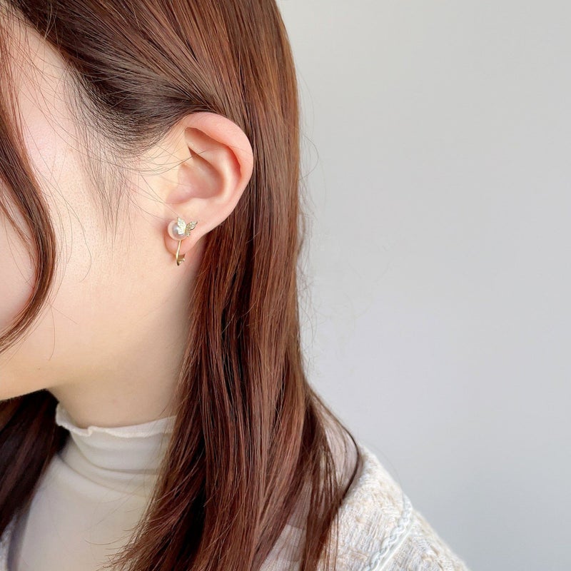 petit amie あこや真珠 蝶 イヤリング　7.5-8.0mm K18YG