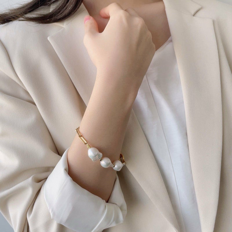 Unique+ 淡水真珠 ブレスレット　11-13mm SUS316L GP オイスターバロック