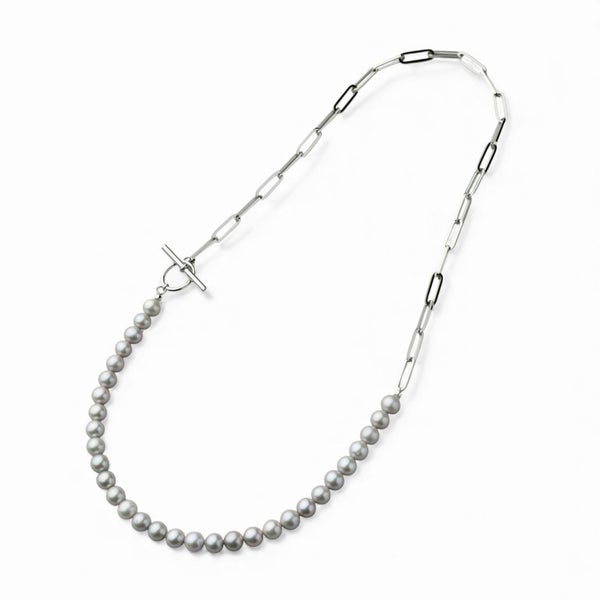 淡水真珠 ハーフチェーンネックレス　グレー 6.5-7.5mm SUS316L