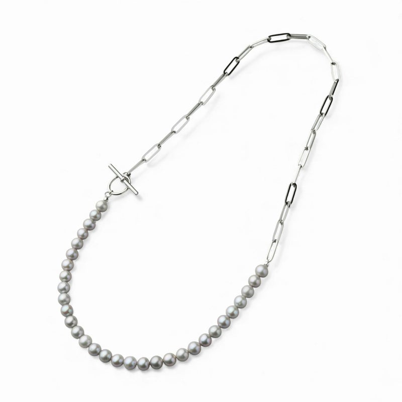 淡水真珠 ハーフチェーンネックレス　グレー 6.5-7.5mm SUS316L