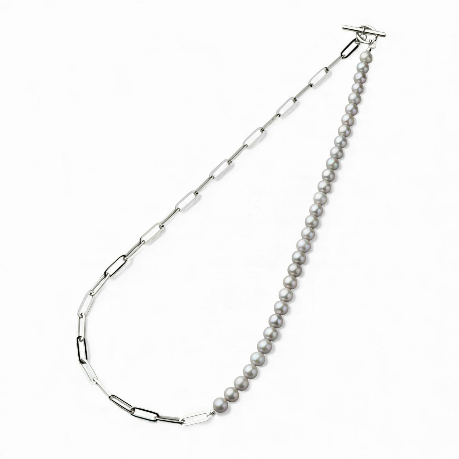 淡水真珠 ハーフチェーンネックレス　グレー 6.5-7.5mm SUS316L