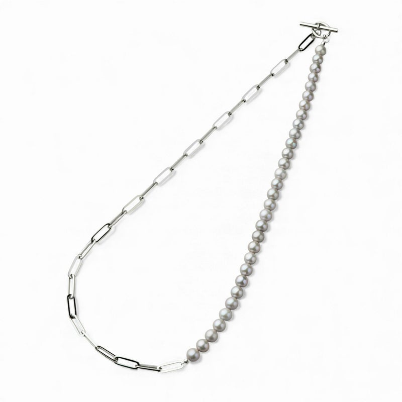 淡水真珠 ハーフチェーンネックレス　グレー 6.5-7.5mm SUS316L
