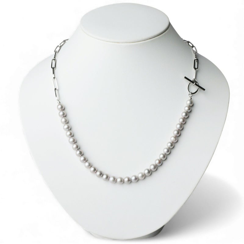 淡水真珠 ハーフチェーンネックレス　グレー 6.5-7.5mm SUS316L