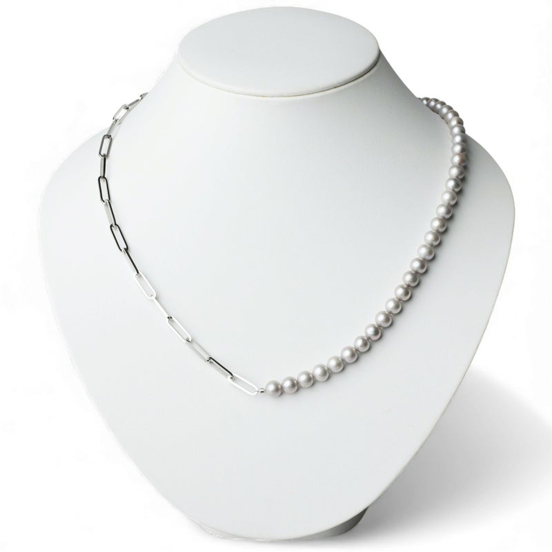 淡水真珠 ハーフチェーンネックレス　グレー 6.5-7.5mm SUS316L