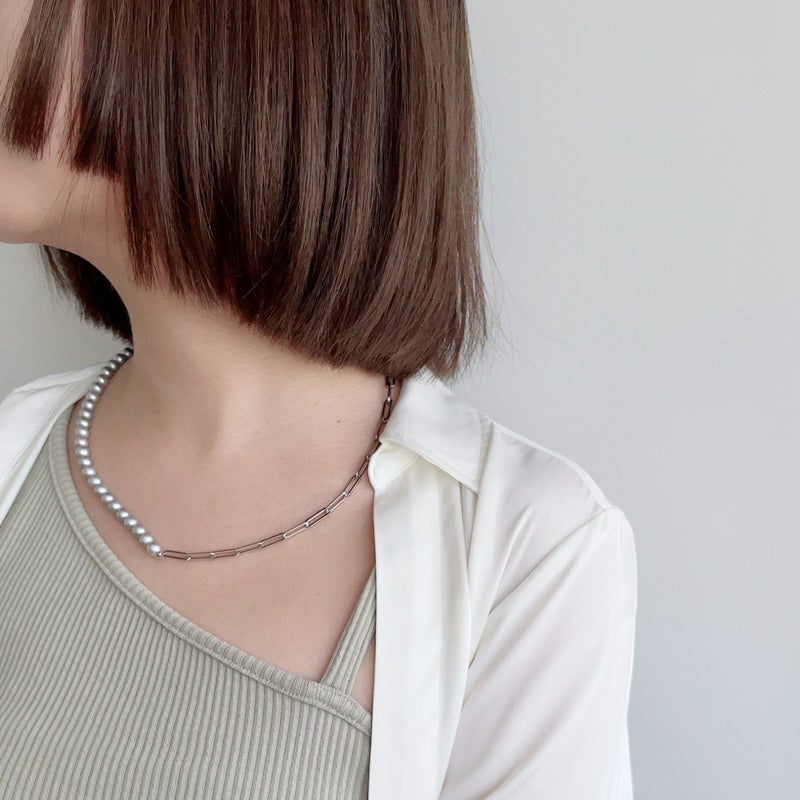 淡水真珠 ハーフチェーンネックレス　グレー 6.5-7.5mm SUS316L