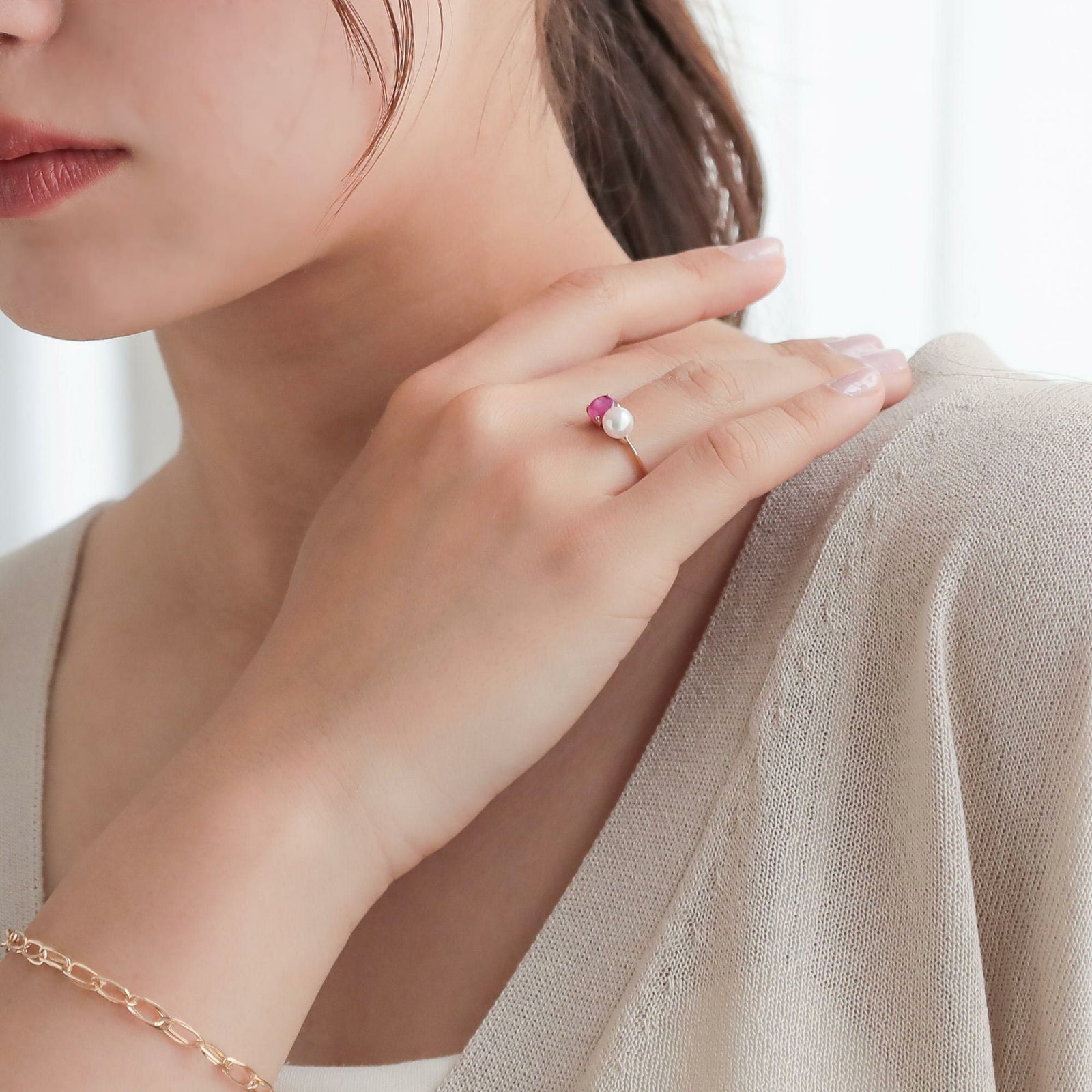 【WEB限定】あこや真珠×スタールビー リング　5.5-6.0mm/6mmUP K10YG