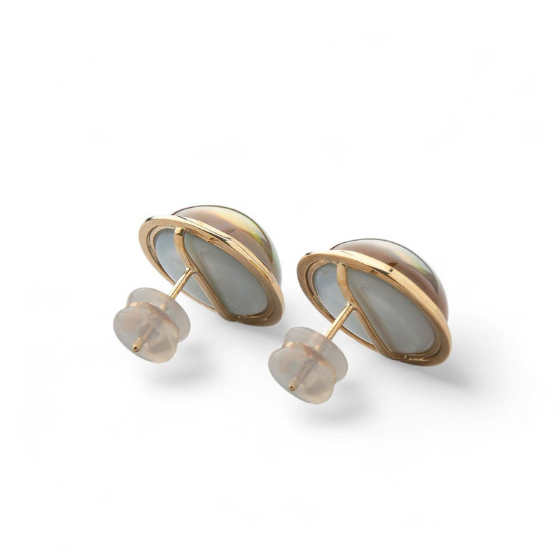 マベ真珠 ピアス12mmUP K18YG　オーロラブルー