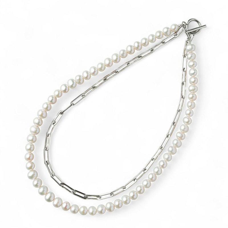 【WEB限定】淡水真珠 ハーフチェーン ロングネックレス　6.5-7.5mm SUS316L