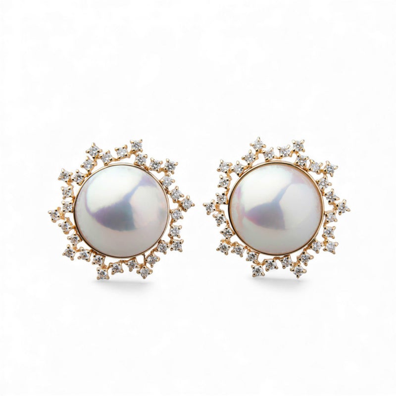 マベ真珠 ダイヤモンド ピアス 12mm K18YG オーロラホワイト [WSP]