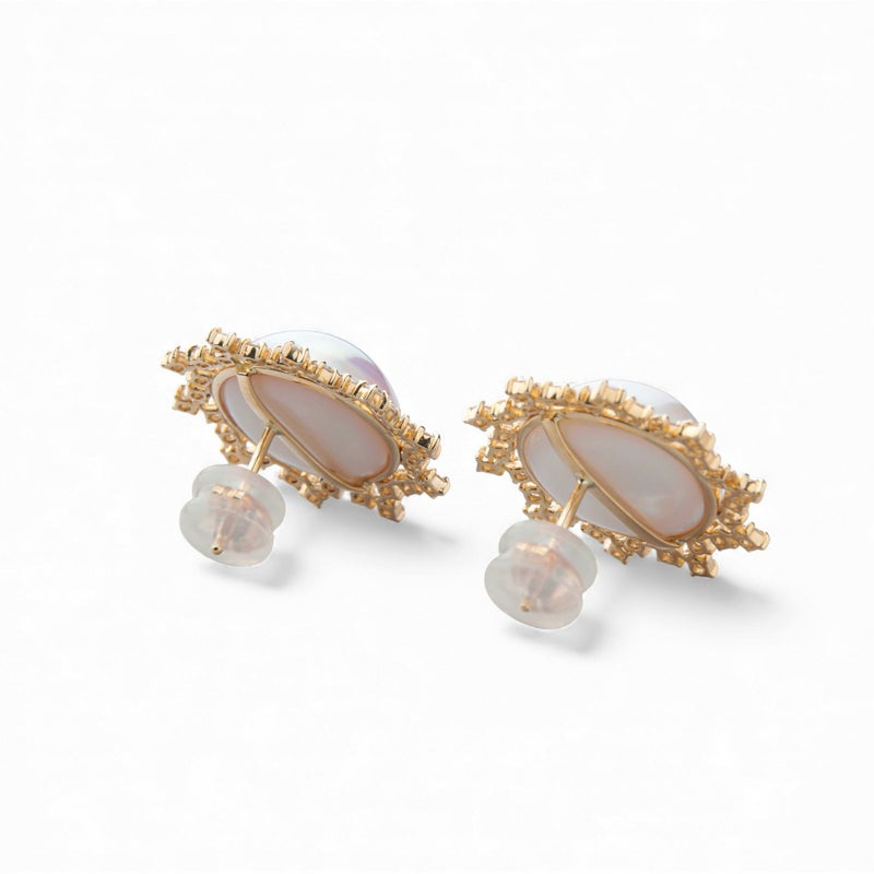 マベ真珠 ダイヤモンド ピアス 12mm K18YG オーロラホワイト [WSP]