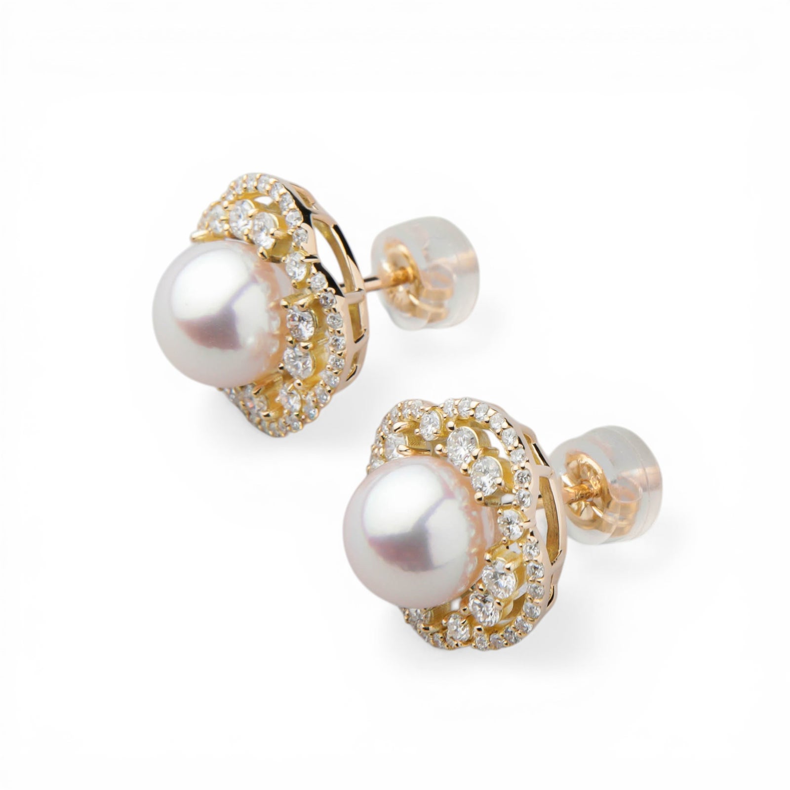 オーロラ花珠真珠 ダイヤモンドピアス　7.0-7.5mm K18YG -TOP Quality- [WSP]