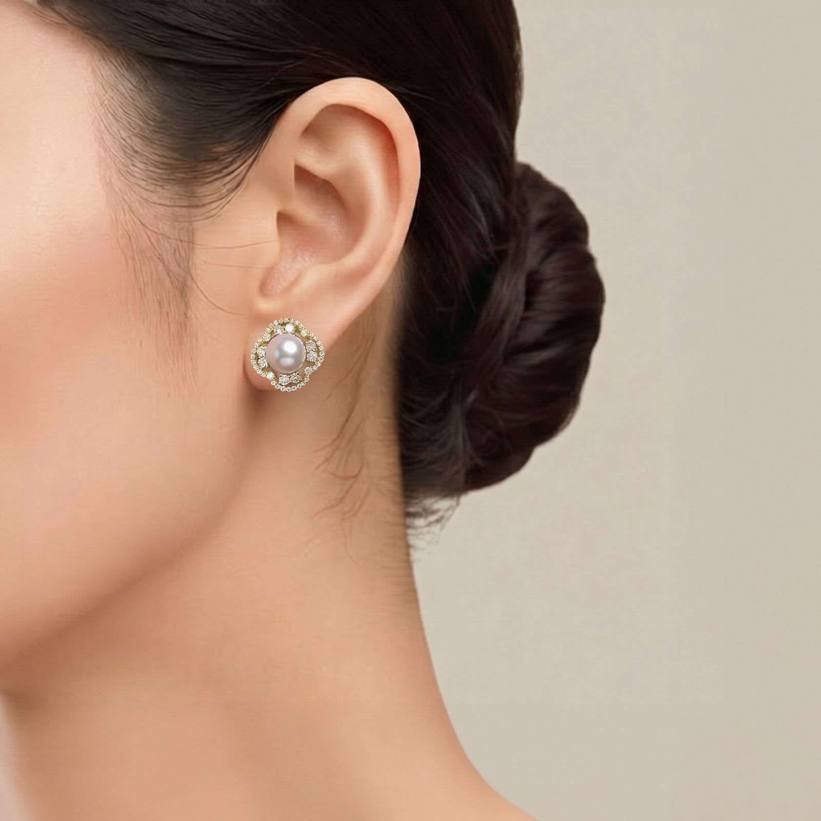 オーロラ花珠真珠 ダイヤモンドピアス　7.0-7.5mm K18YG -TOP Quality- [WSP]